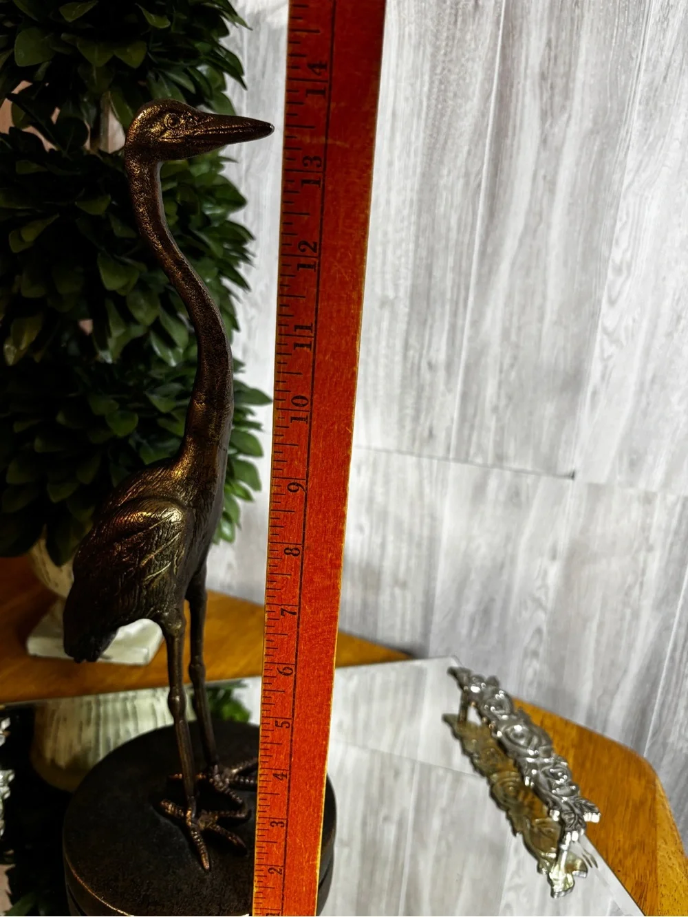 Bronze Finish Standing Crane Statue Brass Accent Bird Sculpture Coastal Home Dec